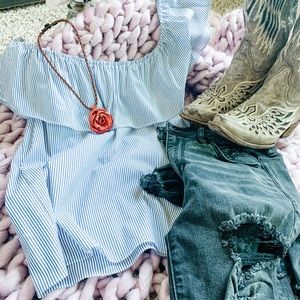 Off the shoulder blue and white striped top!